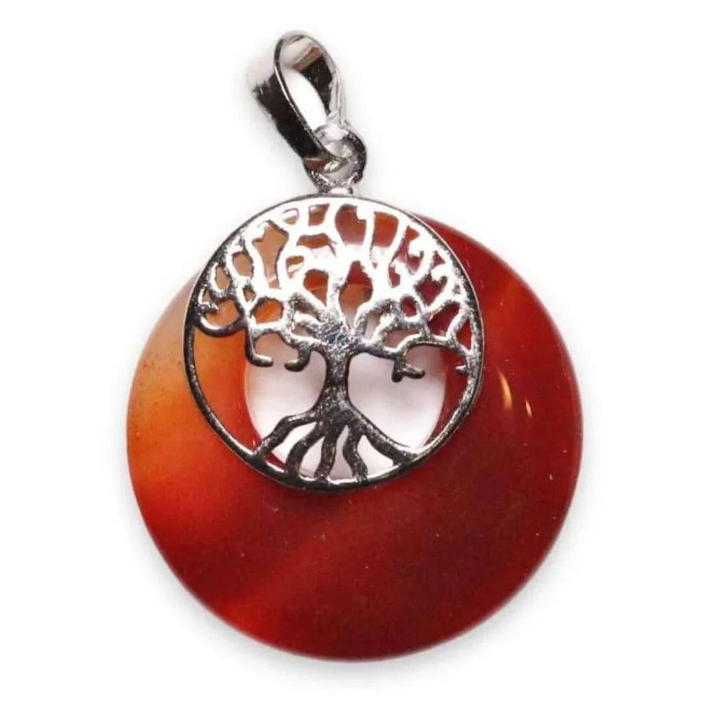 Pendentif en Cornaline avec Arbre de Vie en Laiton Argenté et Chaîne en Acier Inoxydable - Cap-Nature