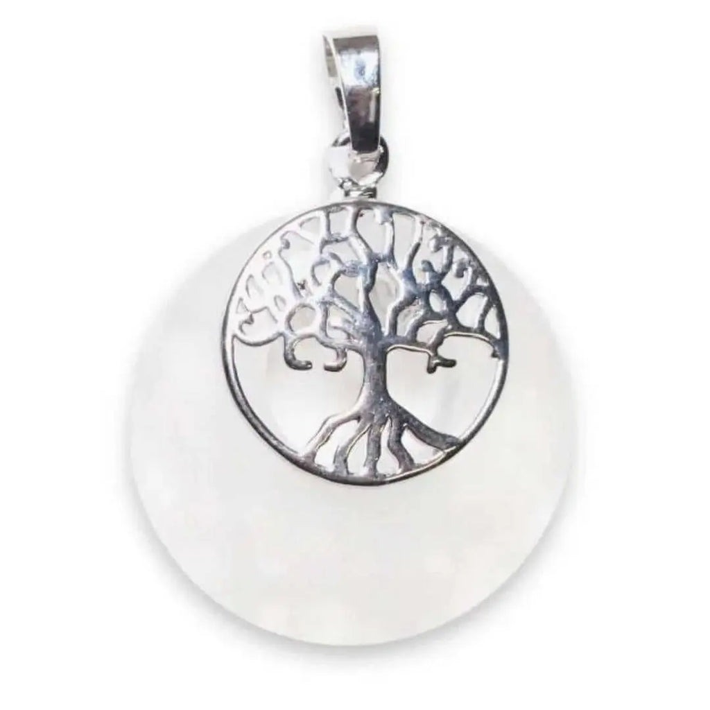 Pendentif en Cristal de Roche avec Arbre de Vie en Laiton Argenté et Chaîne en Acier Inoxydable - Cap-Nature
