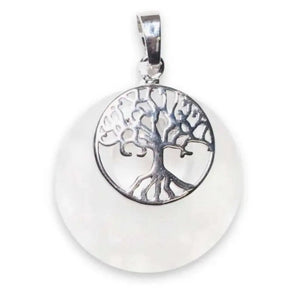 Pendentif en Cristal de Roche avec Arbre de Vie en Laiton Argenté et Chaîne en Acier Inoxydable - Cap-Nature