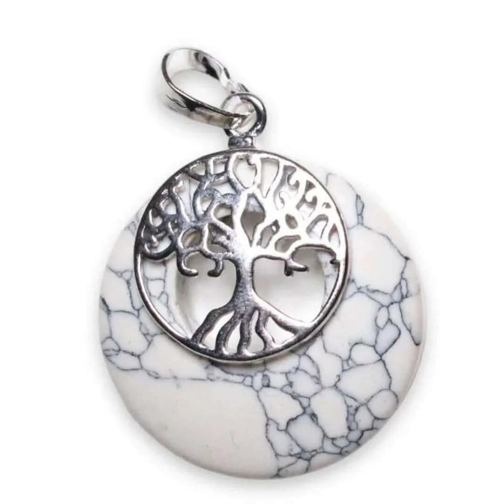 Pendentif en Howlite avec Arbre de Vie en Laiton Argenté et Chaîne en Acier Inoxydable - Cap-Nature