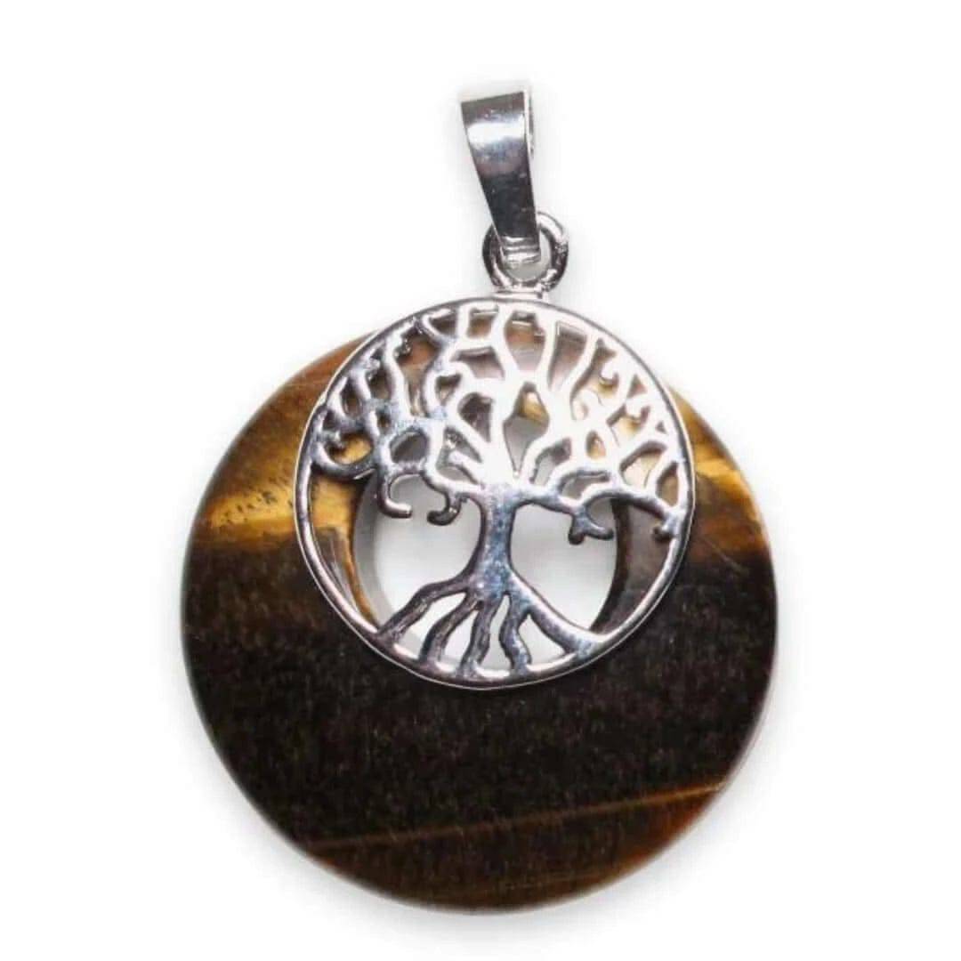 Pendentif en Oeil de Tigre avec Arbre de Vie en Laiton Argenté et Chaîne en Acier Inoxydable - Cap-Nature