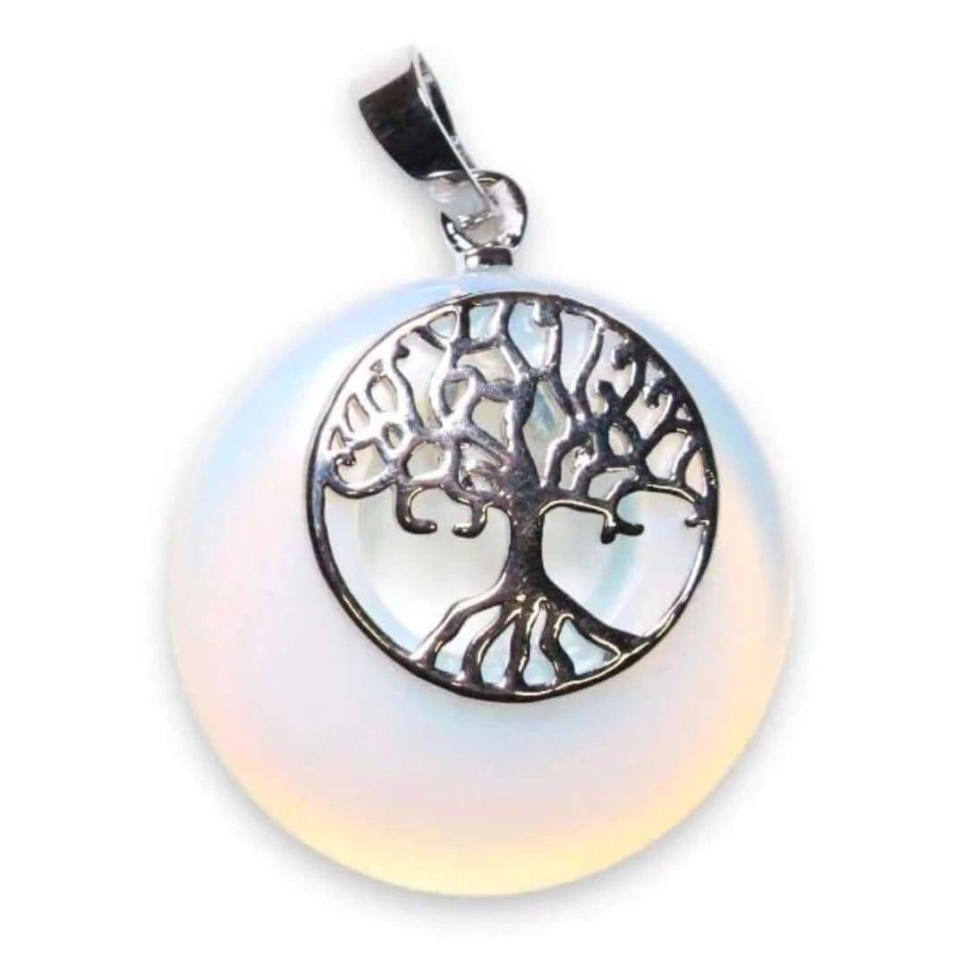 Pendentif en Opaline avec Arbre de Vie en Laiton Argenté et Chaîne en Acier Inoxydable - Cap-Nature
