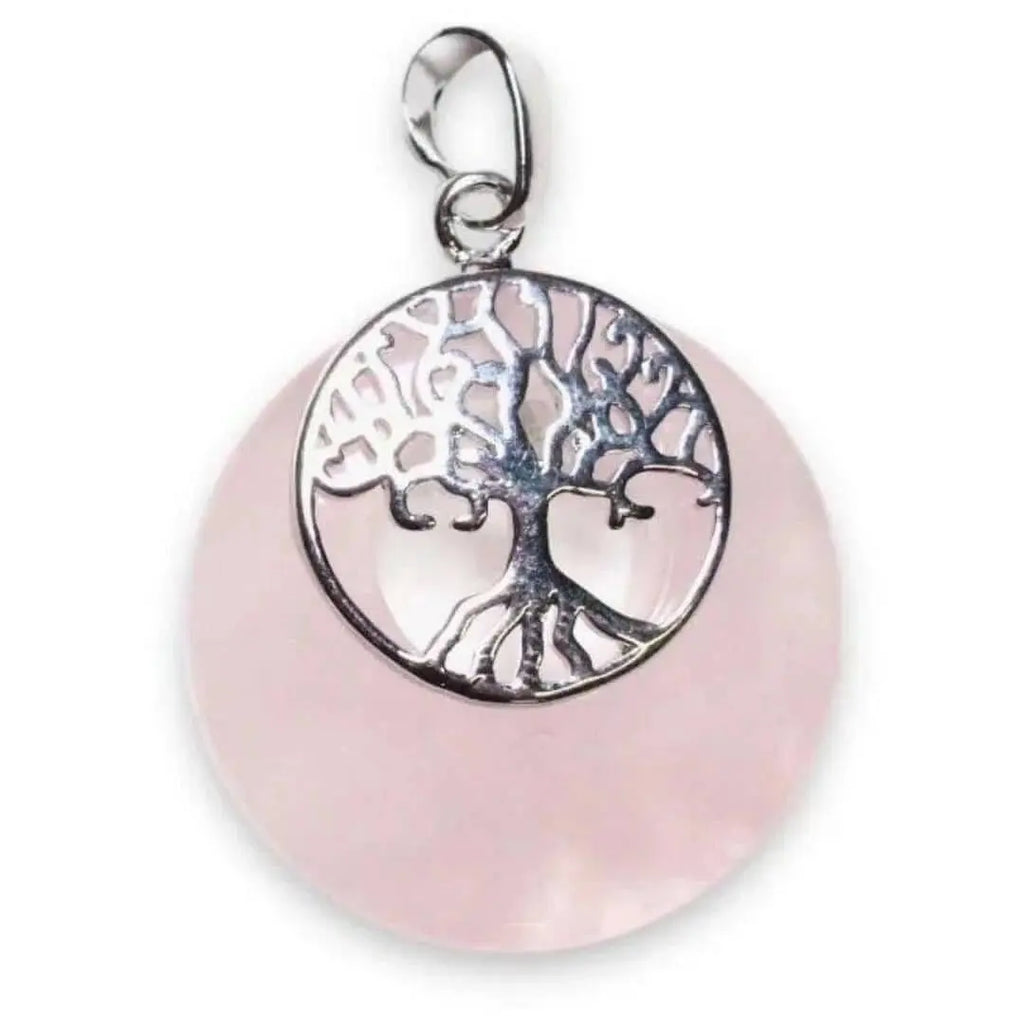 Pendentif en Quartz Rose avec Arbre de Vie en Laiton Argenté et Chaîne en Acier Inoxydable - Cap-Nature