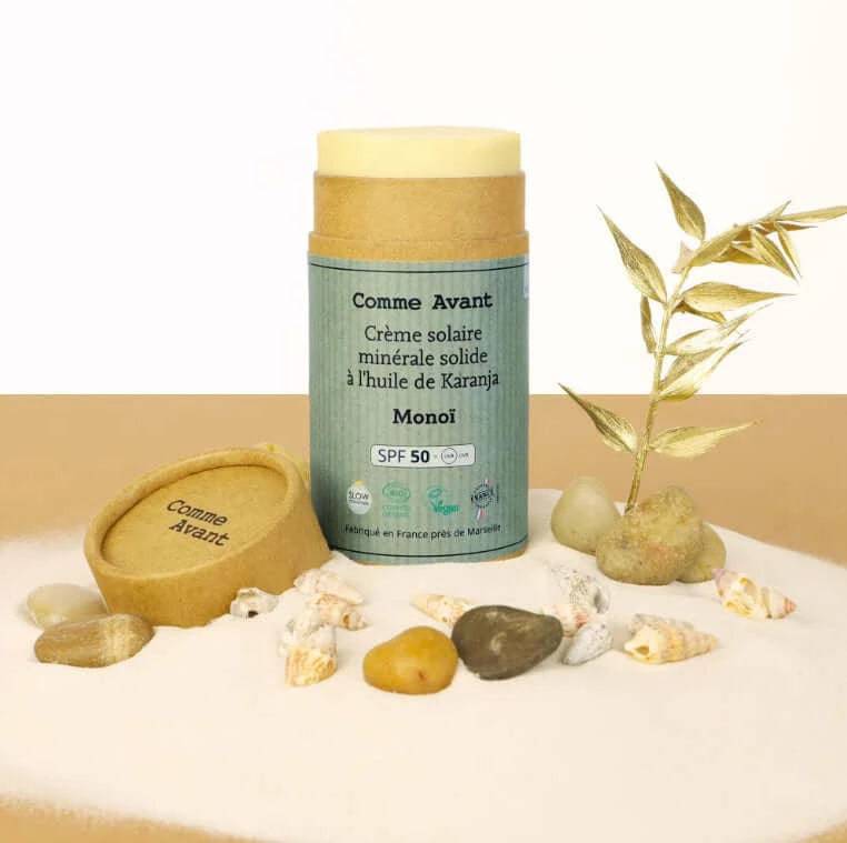 Crème solaire minérale solide SPF50 - Monoï - Comme Avant - Cap-Nature