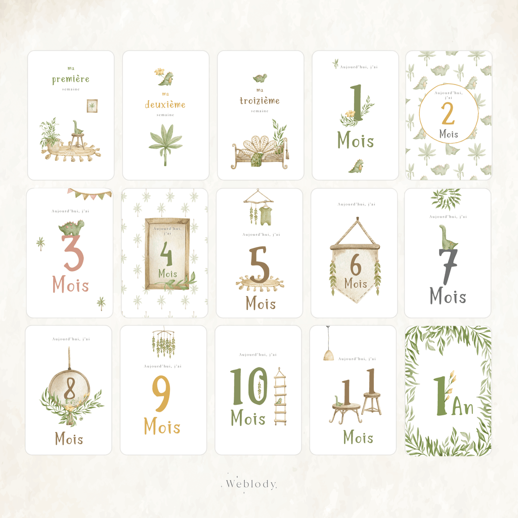 15 Cartes étapes naissance bébé jungle, vert et marron - Cap-Nature