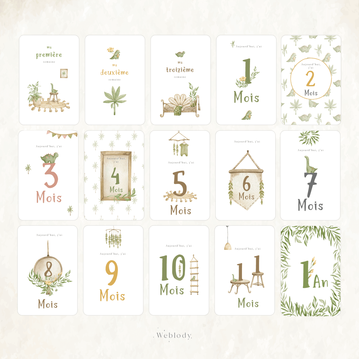 15 Cartes étapes naissance bébé jungle, vert et marron - Cap-Nature