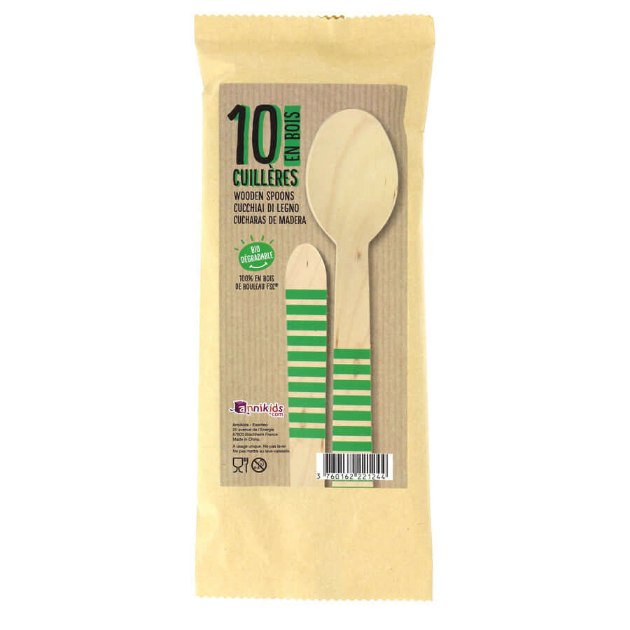 10 cucchiai di legno a strisce verdi - biodegradabili
