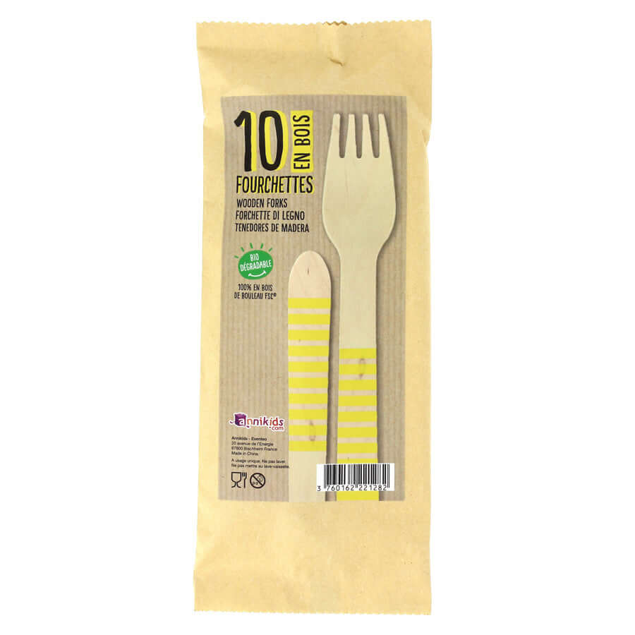 10 Forchette in Legno Strisce Gialle - Biodegradabili