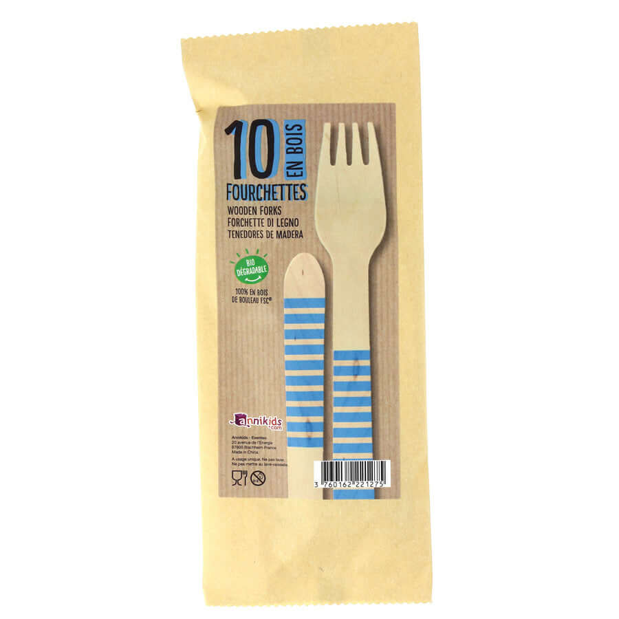 10 Forchette in Legno Strisce Blu - Biodegradabili