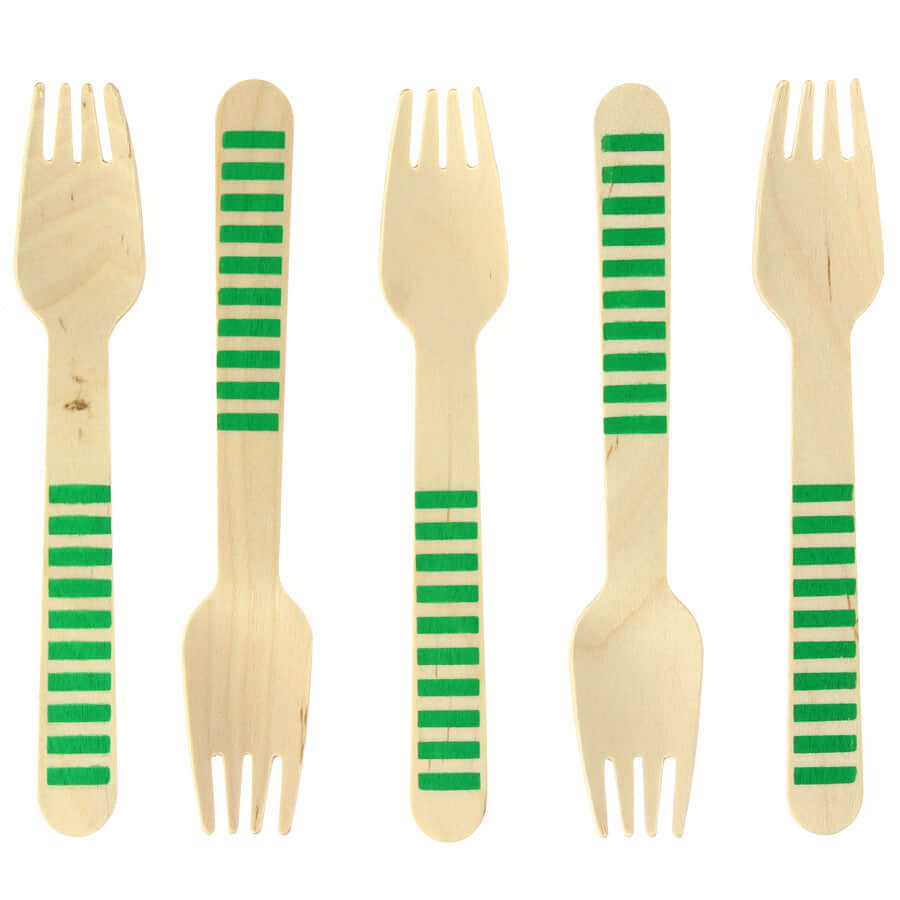 10 Forchette in Legno Strisce Verdi - Biodegradabili