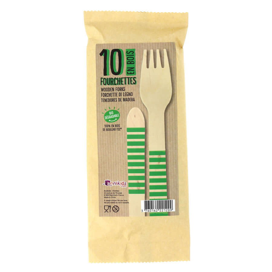 10 Forchette in Legno Strisce Verdi - Biodegradabili